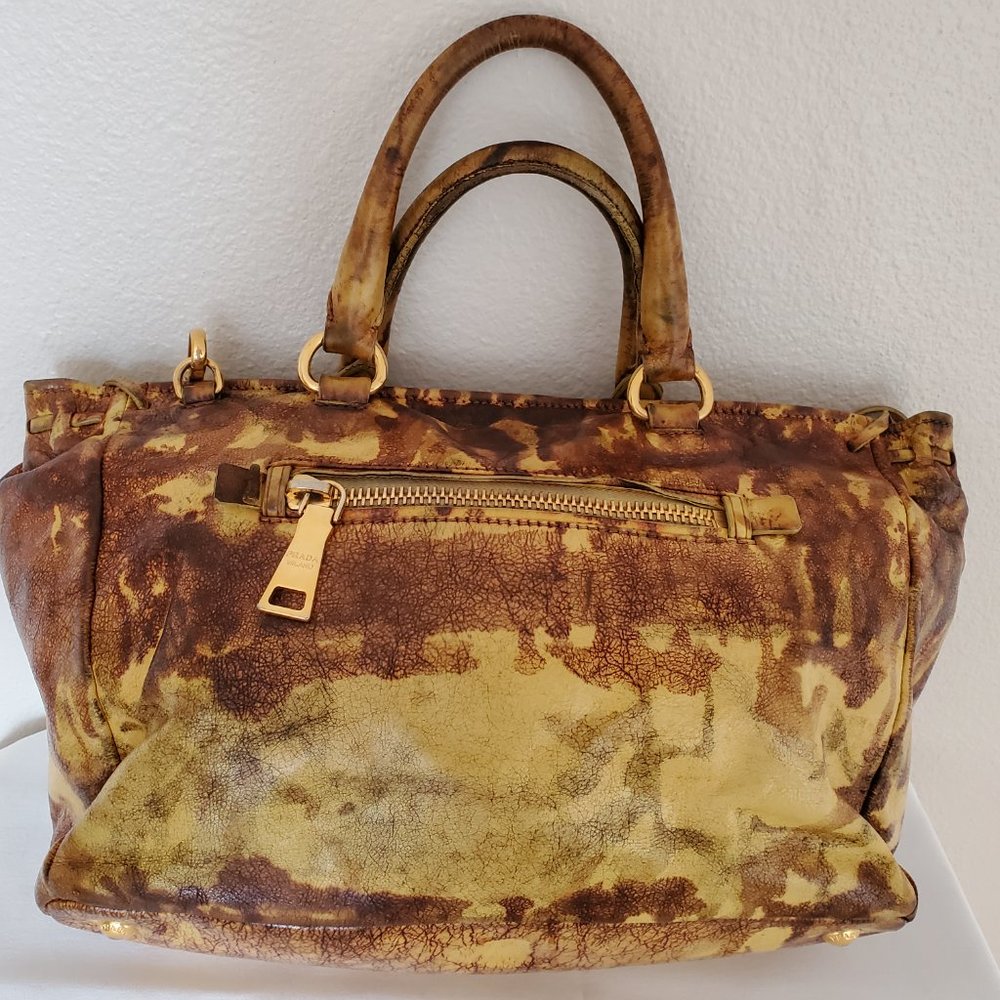 Prada tote top handle bag leather dyed camo brown black beige tan galleria lux - Picture 11 of 16